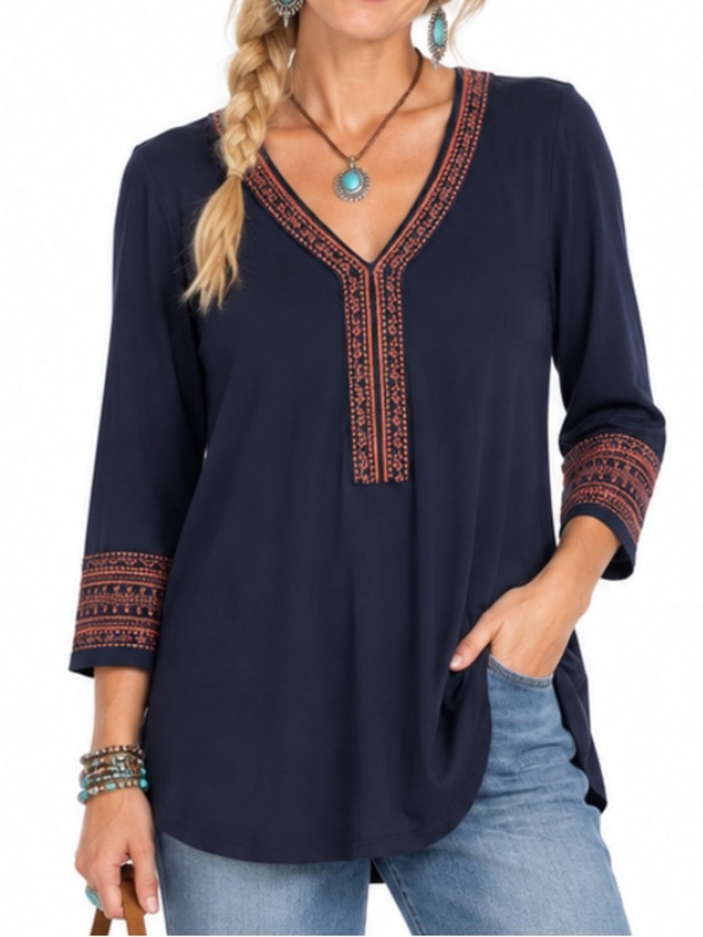 J. Jill Navy Blue Embroidered Boho 3/4 Sleeve Top SZ LG NEW!!